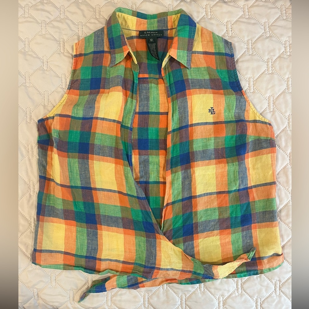 Lauren by Ralph Lauren plaid linen tie or wrap top